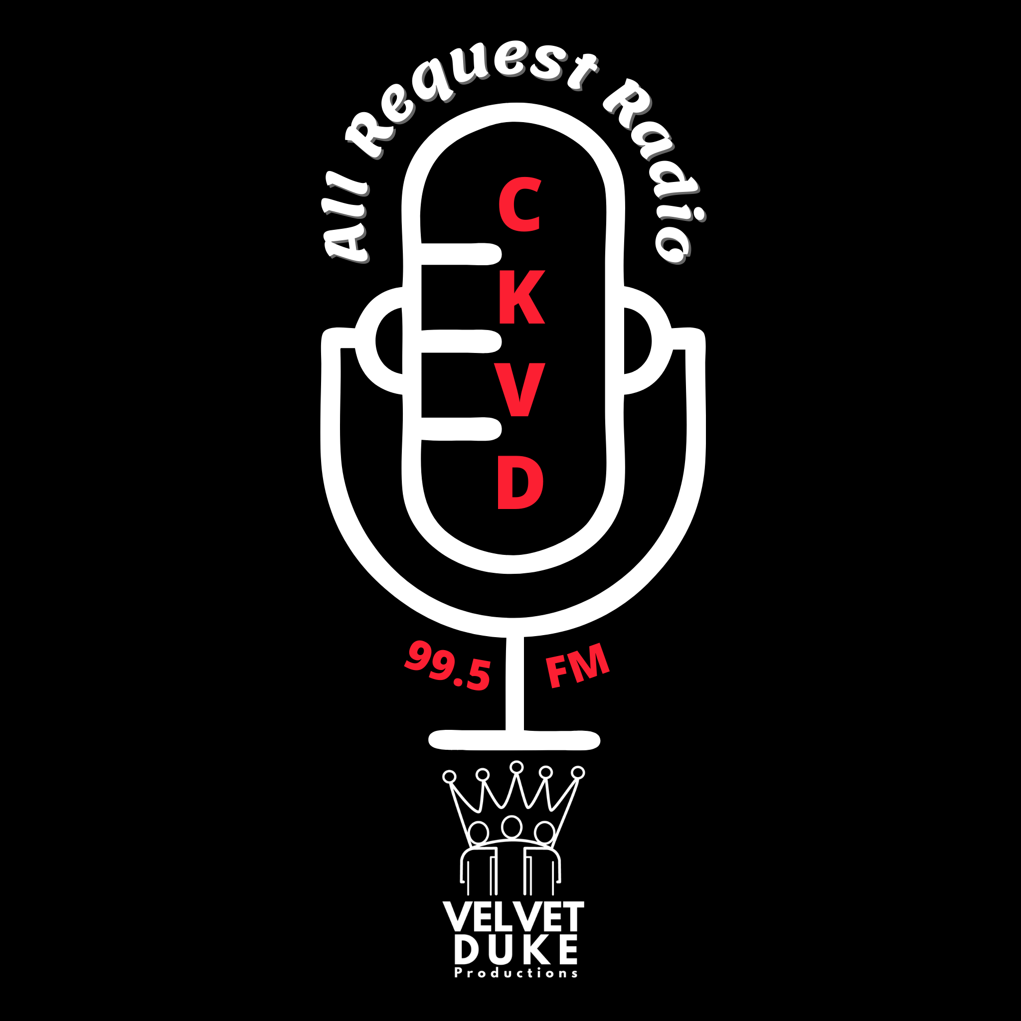 All Request Radio logo on a black background. An old fashioned radio mic is surrounded by All Request Radio at the top, fake radio call letters (CKVD) in red over the microphone, and fake FM frequency underneath (99.5 FM). Under the microphone is the Velvet Duke Productions logo