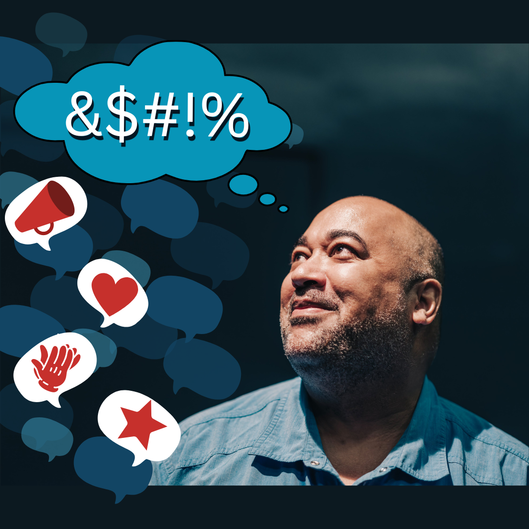 In this blue themed image, Velvet is at the center, shining in a teal shirt, despite being surrounded by speech bubbles of varying intensity. Four speech bubbles are prominent in a white background and red themed: heart, star, megaphone, applause. Velvet looks up toward the light with a close lipped smile, but they are thinking a strong curse word. "Your Compliments are My Curse Words" October 15, 2022 Workshop performance at Shenkman Arts Centre / Centre des arts Shenkman Photo: Curtis Perry