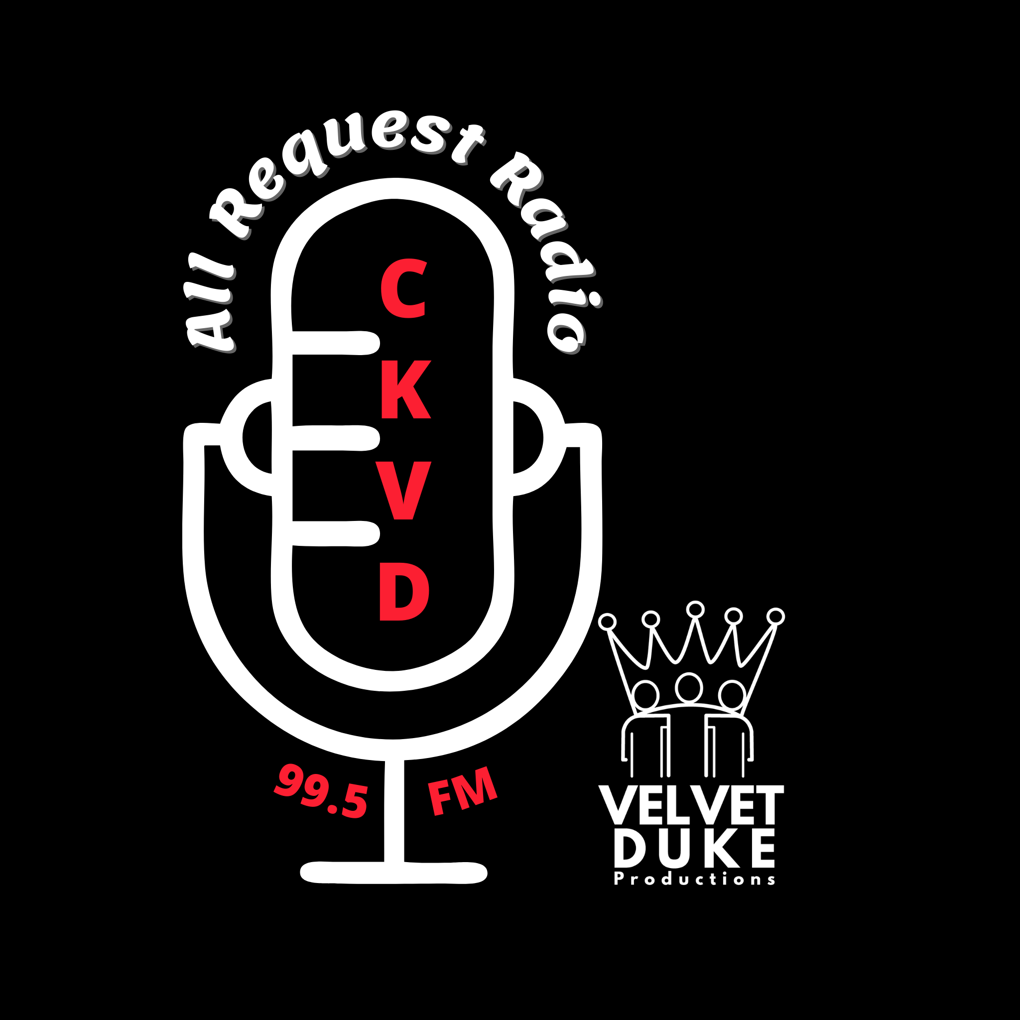 A black background holds a centered "All Request Radio" logo -- an old-fashioned, pill-shaped radio microphone with "All Request Radio" white italicized lettering rounded above the microphone, red CKVD call letters in the middle of the microphone, and red italicized 99.5FM rounded underneath the microphone. Aligned to the bottom-right, at 1/4 the height of the show logo, is the Velvet Duke Productions logo -- three people shoulder-to-shoulder with the five light beams transforming their heads into the jewels of a crown. Velvet Duke Productions are stacked atop each other, with the latter being a smaller font