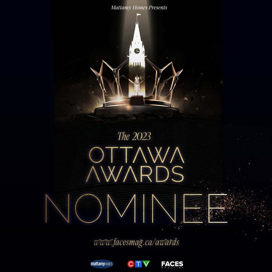 "The 2023 Ottawa Awards Nominee" from facesmag.ca on a black background with gold text. An image of a crown with the Parliament Building as the central highest point is at the top of the image. Sponsor logos are at the bottom