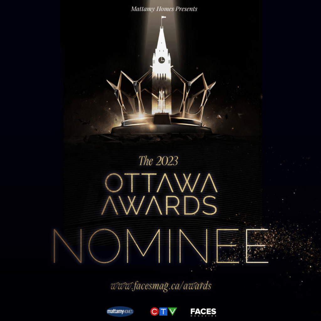 "The 2023 Ottawa Awards Nominee" from facesmag.ca on a black background with gold text. An image of a crown with the Parliament Building as the central highest point is at the top of the image. Sponsor logos are at the bottom
