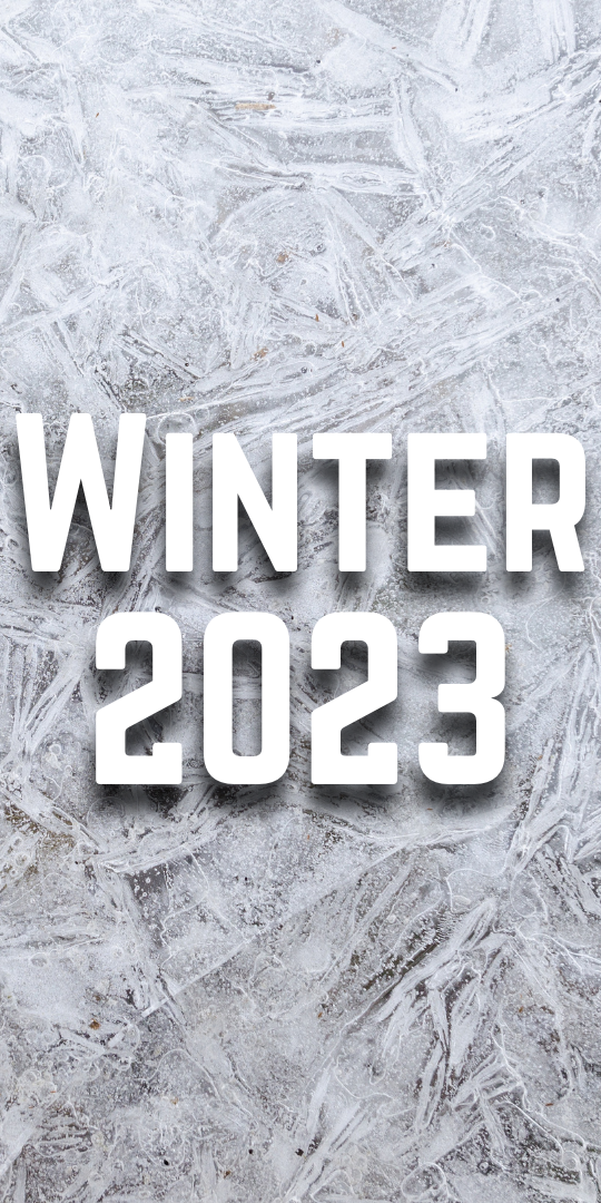 Winter 2023 appears in the middle of the gradient white snowflake background