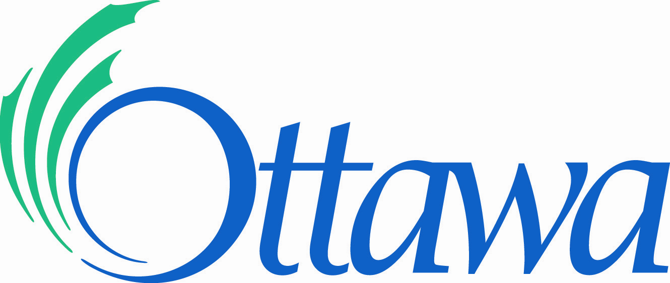 City of Ottawa logo. Ottawa wordmark in a light blue; the capital O has three light green spirals originating at the bottom left and arcing toward the middle top of the letter