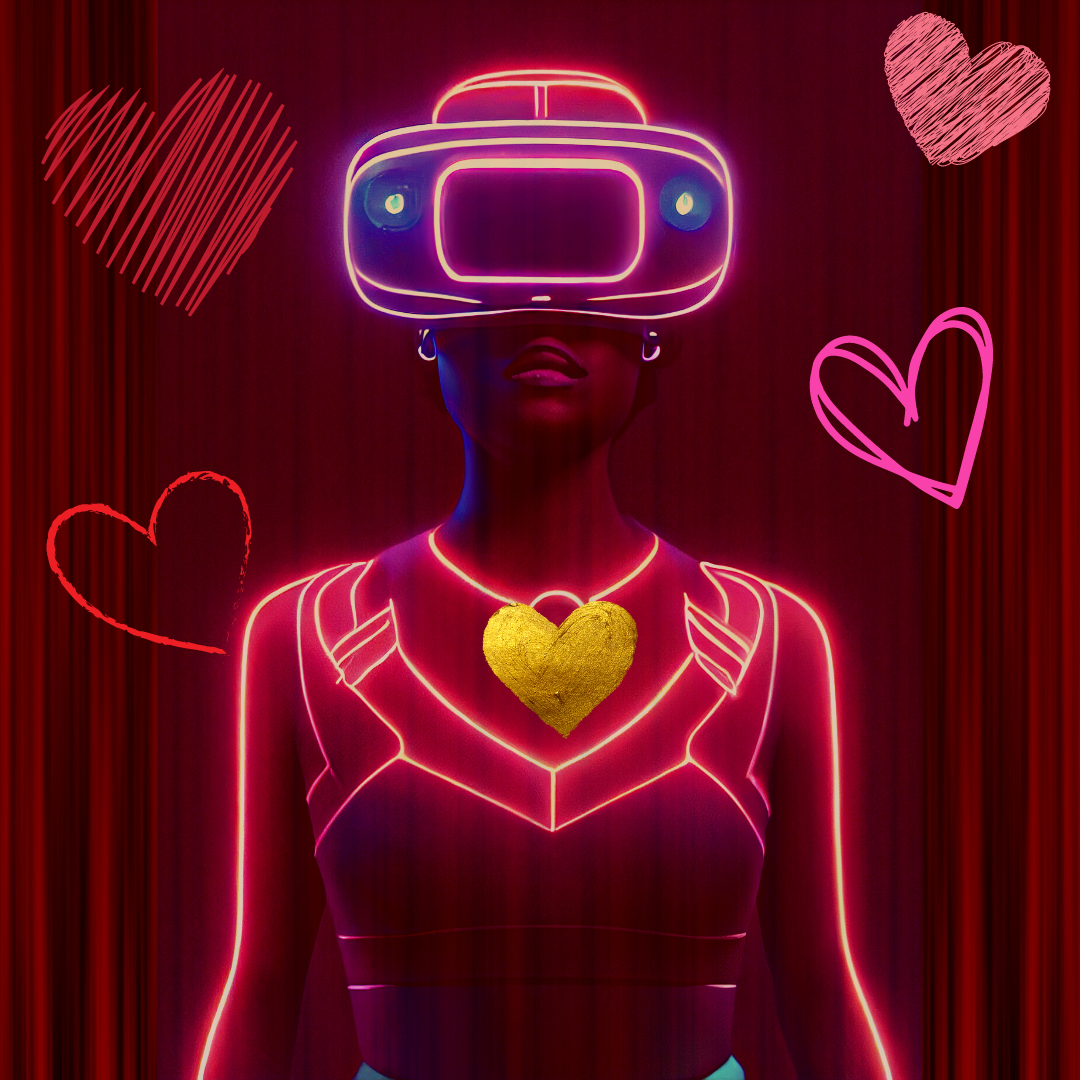 An illustration of a Black person outlined in red neon, across the chest, down the arms and a VR headset. There are differently squiggled heart shapes around their shoulder and head. Behind them is a deep red curtain pattern