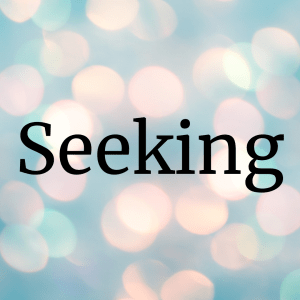 The word "Seeking" in black font on an abstract background of bokeh lights