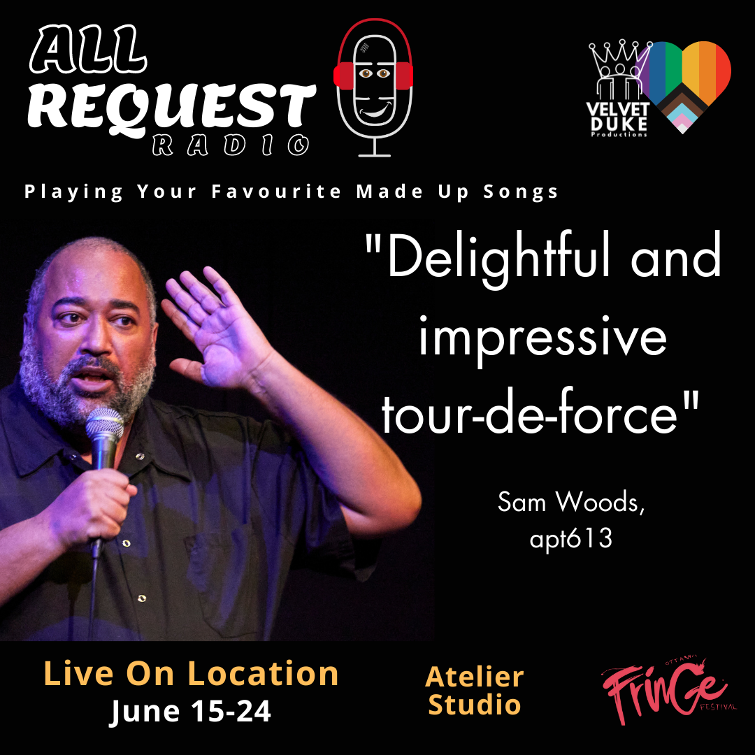 ID: Velvet has their hand up as if listening to the All Request Radio media quote, "A delightful and impressive tour-de-force", Sam Woods, apt613