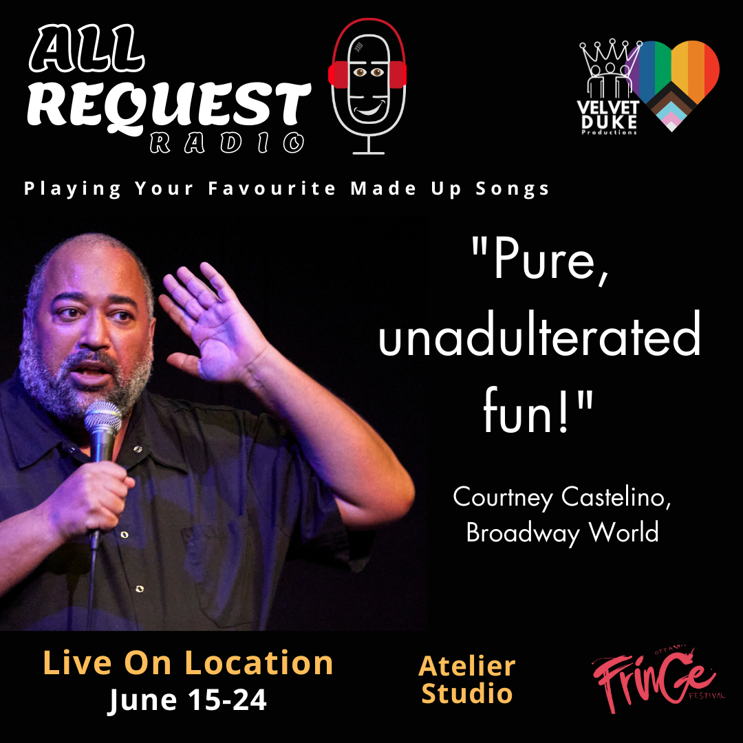 ID: Velvet has their hand up as if listening to the All Request Radio media quote, "Pure, unadulterated fun", Courtney Castelino, Broadway World