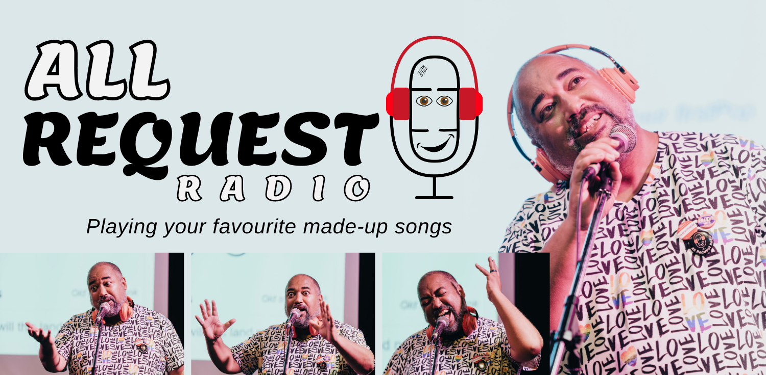All Request Radio banner with four images of The Velvet Duke singing for the audience. The Velvet Duke is a fat Black non-binary person of age wearing a white shirt with a Love pattern. Photo: Curtis Perry Photography