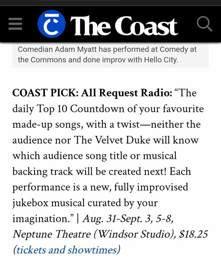 In addition to noting the show in the precis blurb, The Coast highlights "All Request Radio" as one of their Halifax Fringe Festival picks