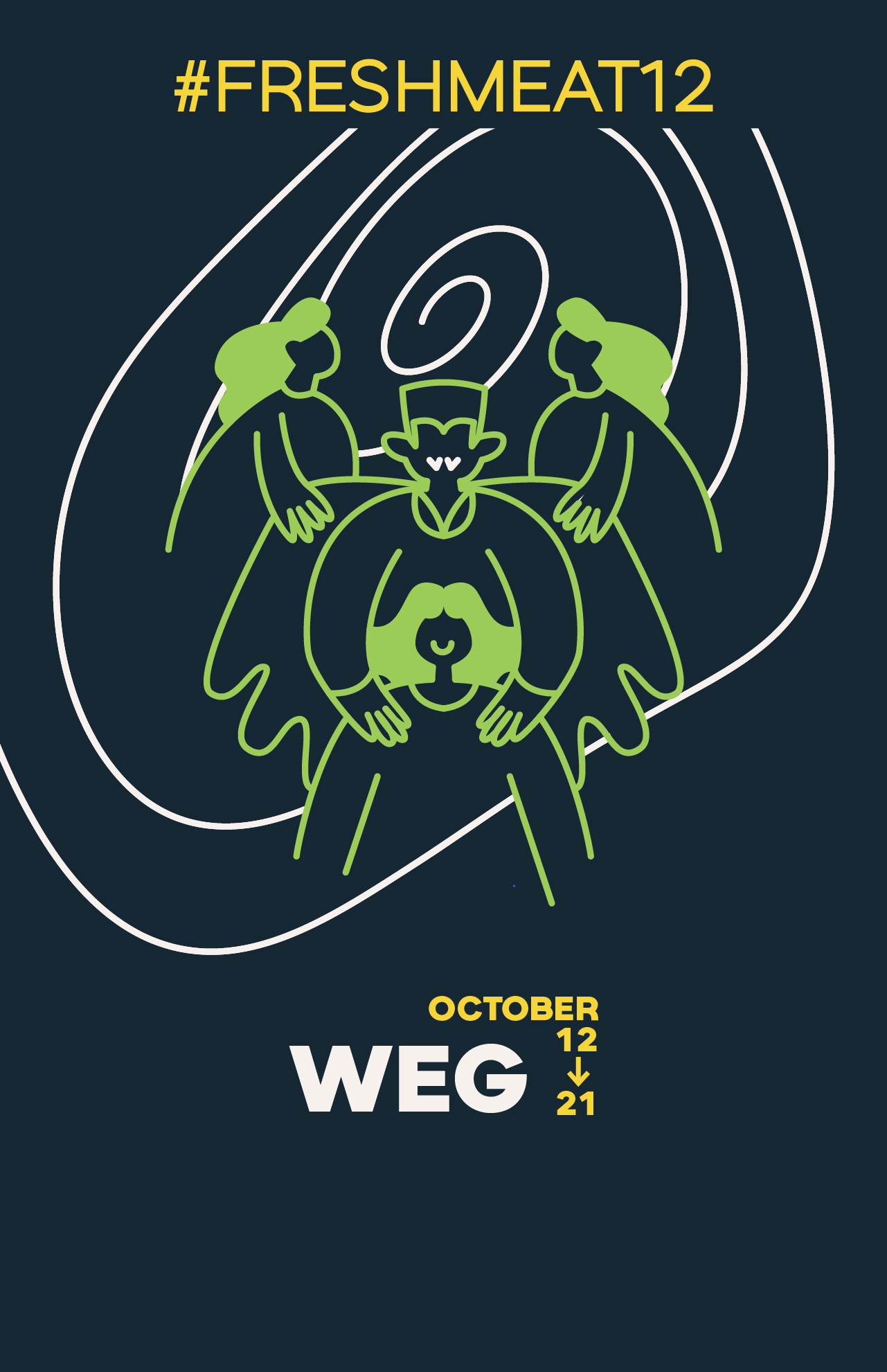 The show graphic for WEG. Against a dark blue/gray background is a white spiral illustration. In front of both are green illustrations of four figures. In the centre is a large vampire with bright white fangs who holds the shoulders of a small human. Behind the vampire are two humans holding on to its cape.] Art: Sage Mosurinjohn