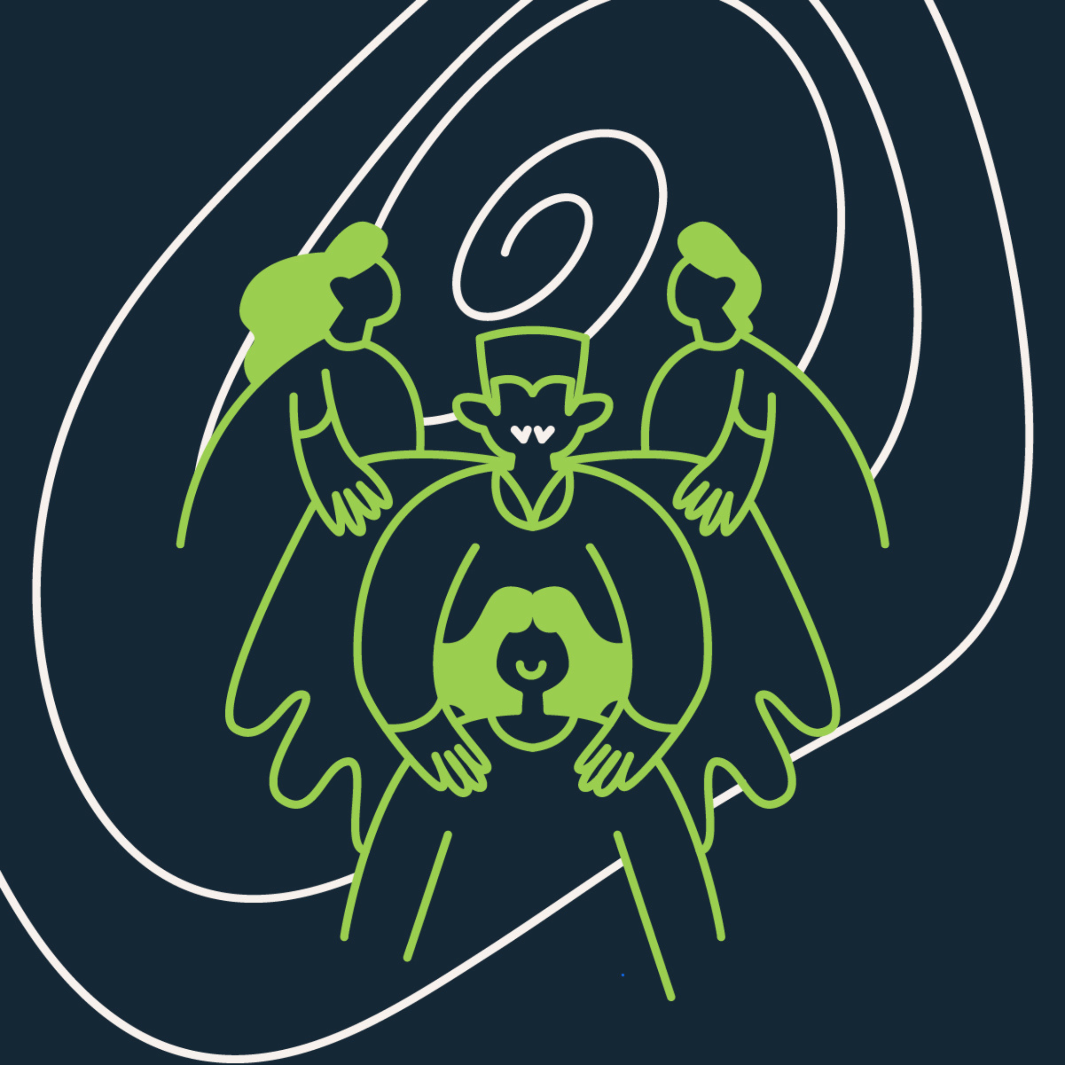 The show graphic for WEG. Against a dark blue/gray background is a white spiral illustration. In front of both are green illustrations of four figures. In the centre is a large vampire with bright white fangs who holds the shoulders of a small human. Behind the vampire are two humans holding on to its cape.] Art: Sage Mosurinjohn
