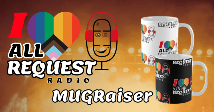 Decorative Image: I Heart All Request Radio MUGRaiser with two mugs, on a background of bright concert lighting